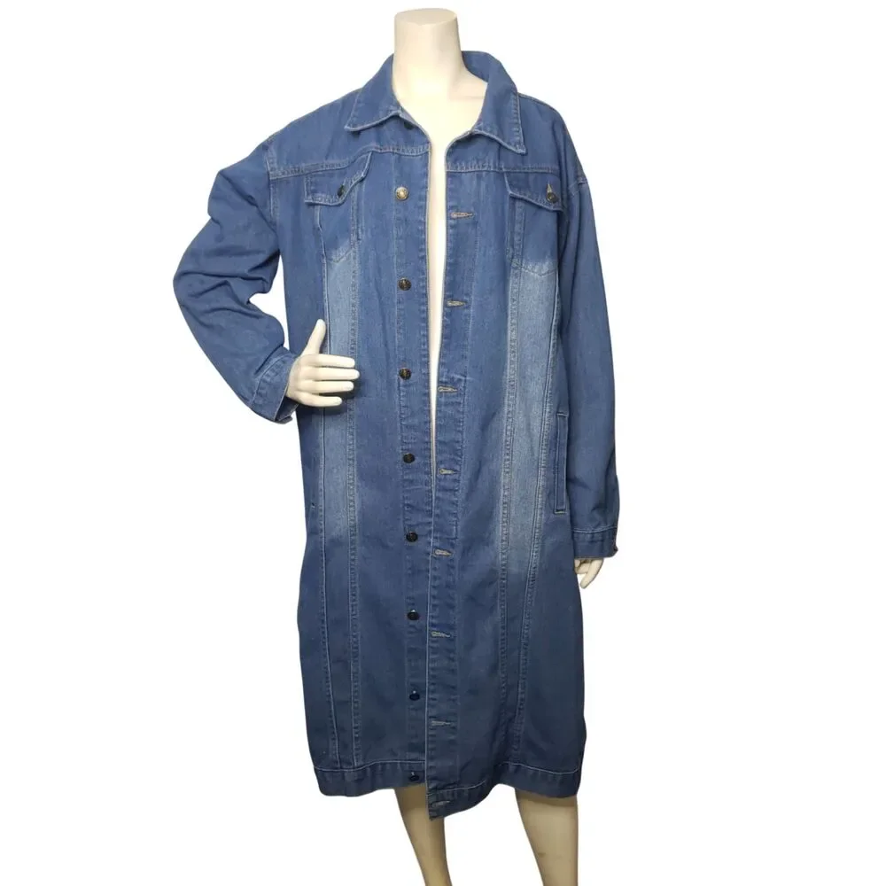 Classic Jean Jacket Oversized Denim Trench Coat Womens Size XL - Picture 4 of 4